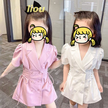 女神范西装连衣裙设计感收腰系带百搭裙子 英伦风女童A字裙夏季潮