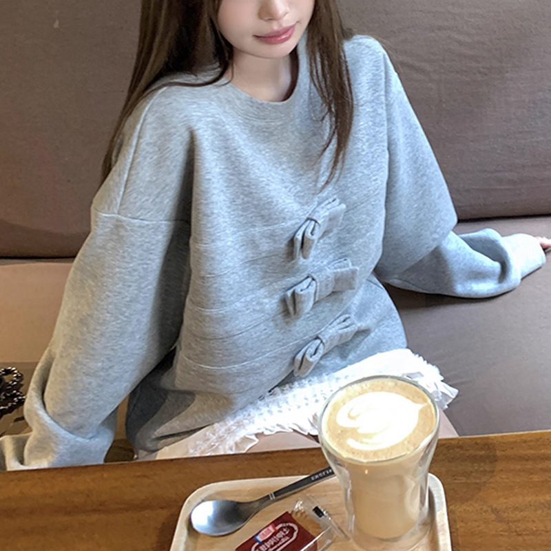 休闲百搭蝴蝶结圆领长袖白色卫衣女2025新款巨好看的无帽短款上衣|undefined