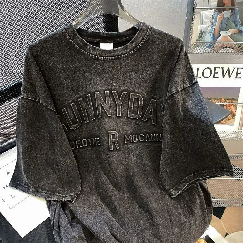 100_ Промытая потертая американская сверхпрочная футболка с принтом букв для мужчин и женщин, свободные модные топы с короткими рукавами в стиле ретро