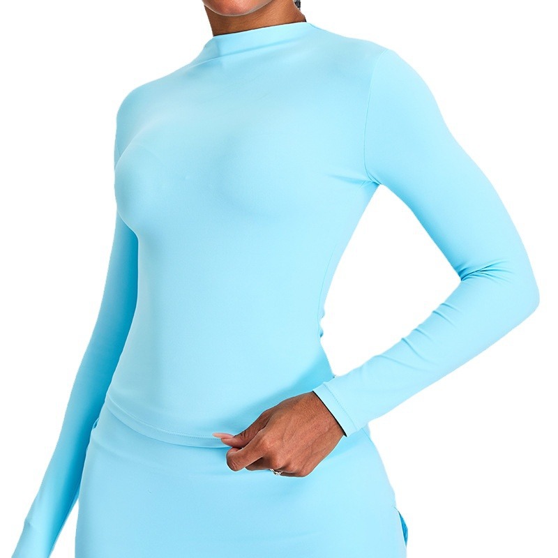 Nuevo estilo transfronterizo ropa de yoga de manga larga con cuello alto, top de mujer, camiseta deportiva delgada y delgada, ropa de fitness para correr al aire libre