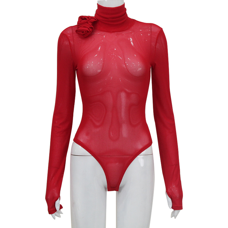 Wish venta caliente ropa de mujer europea y americana sexy cuello alto manga larga malla micro transparente decoración de flores delgado mono base