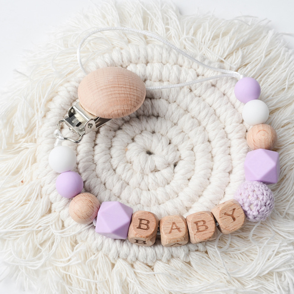 Baby beech tetina clip de cabello crochet anti-caída cadena letra beech baby silicone tetina cadena perlas de octogono