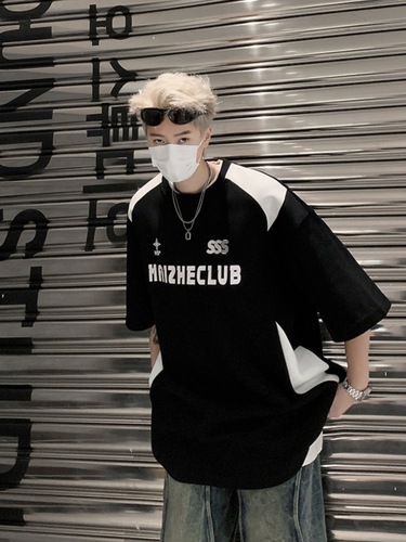 Short-sleeved T-shirt for men, summer new arrival, heavyweight American-style high-street trendy brand, contrasting color raglan sleeve loose-fit half-sleeved T-shirt for men.