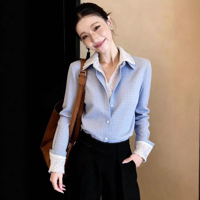 Elegant and Exquisite Blue Faux Two-Piece Shirt with Stylish Lapel, Long Sleeves, Plaid Pattern, and Lace Trim, 2026 Spring Women's Collection Elegant and Exquisite Blue Faux Two-Piece Shirt with Stylish Lapel, Long Sleeves, Plaid Pattern, and Lace Trim, 2026 Spring Women's Collection