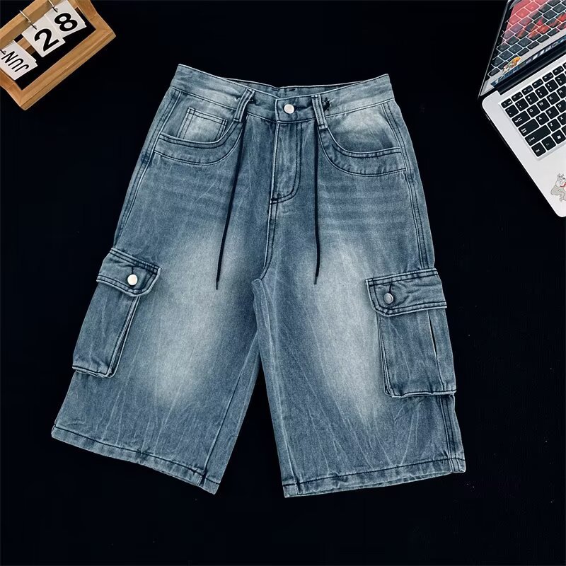 American Street Workwear Denim Cropped Pants for Men and Women, Summer Washed and Distressed Loose Multi-Pocket Wide-Leg Shorts Trendy
