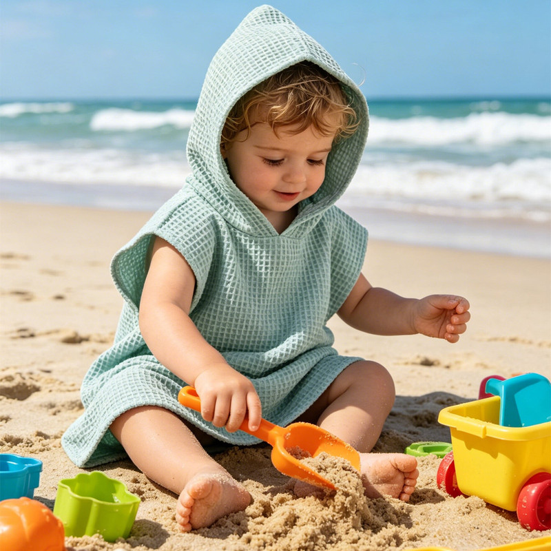 Cotton Hooded Waffle Poncho Bath Towel, Baby Swimming Absorbent Hooded Bathrobe, Children's Beach Honeycomb Bath Towel