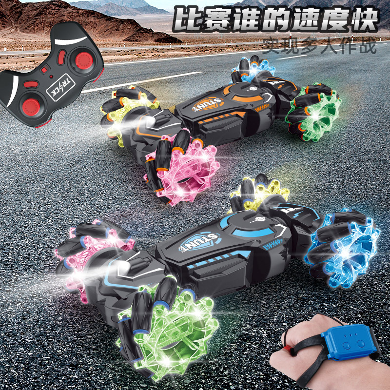 Transfronterizos acrobacias de control remoto de doble cara rueda de luz nocturna luces de deriva lateral fresca música recargable coche de juguete de cuatro tracciones