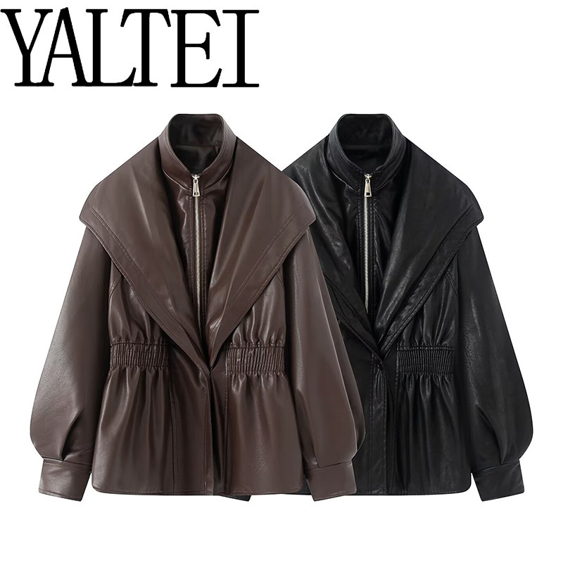 YALTEI跨境速卖通ins欧美外贸 女装 水洗做旧风格仿皮假两件外套|undefined