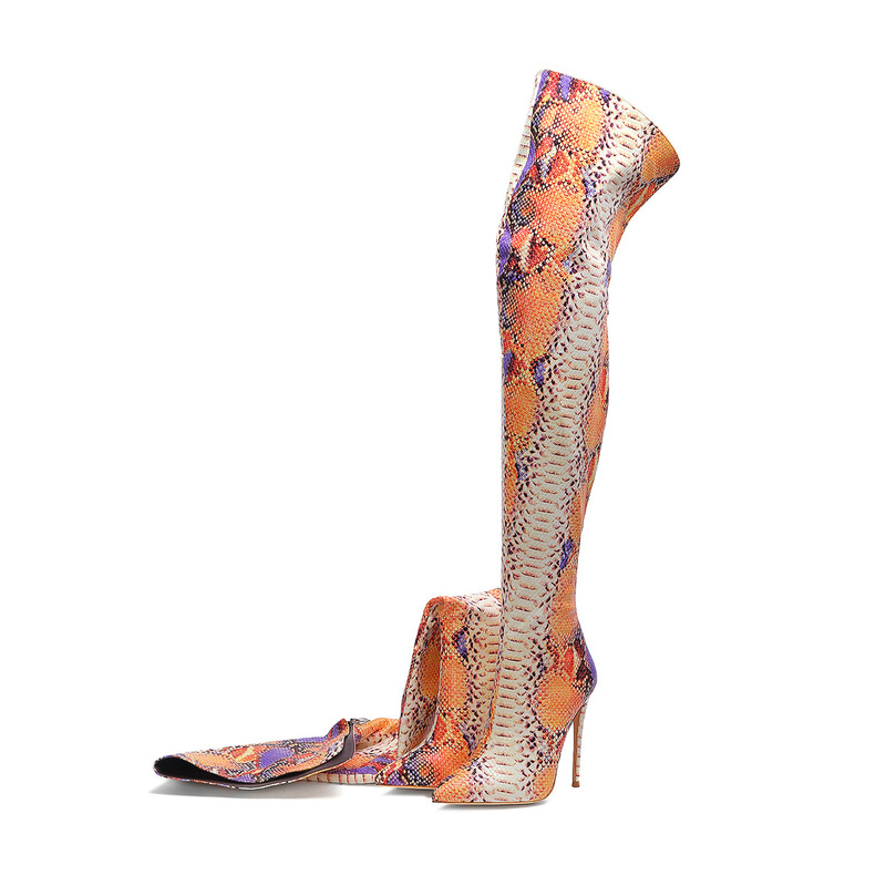 Pointed-Toe Snake-Print Fashion Over-the-Knee Boots