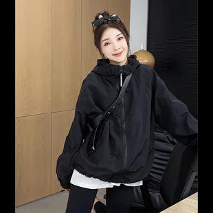 Black Hooded Rush Jacket Women's 2024 Spring and Autumn New High Sense Casual Sports Small Jacket Windbreaker