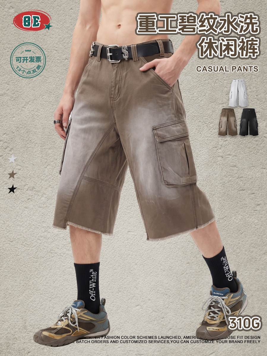 BE ropa de hombre de verano estilo americano de moda callejera multibolsillo pantalones cortos retro lavado con agua hacer viejos pantalones de trabajo sueltos para hombres