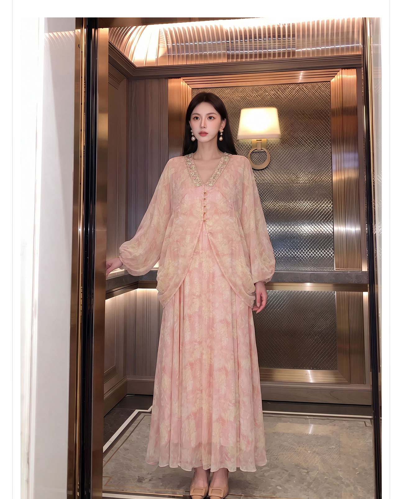 Đầm maxi nữ cổ V in hoa chất voan dài thắt eo thiết kế mùa hè — màu hồng chi tiết 6