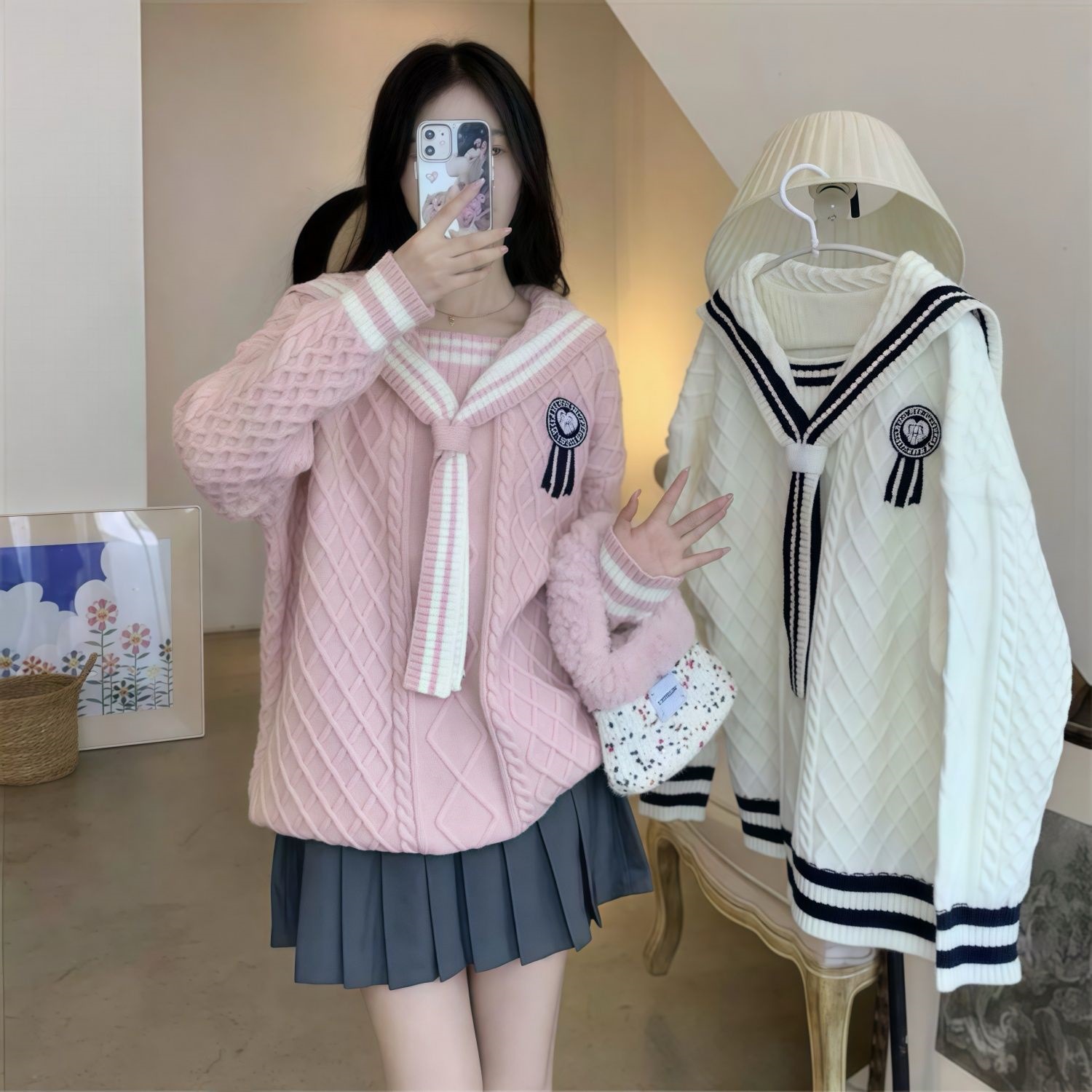 大码海军领学院风毛衣女秋冬季2024新款甜美温柔针织衫显瘦女上衣
