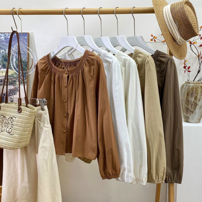Cross-border Pleated Round Neck Loose Shirt Women's New Arrival Korean Style Mother's All-match Long-sleeved Top Women's Shirt Spring and Autumn Slimming