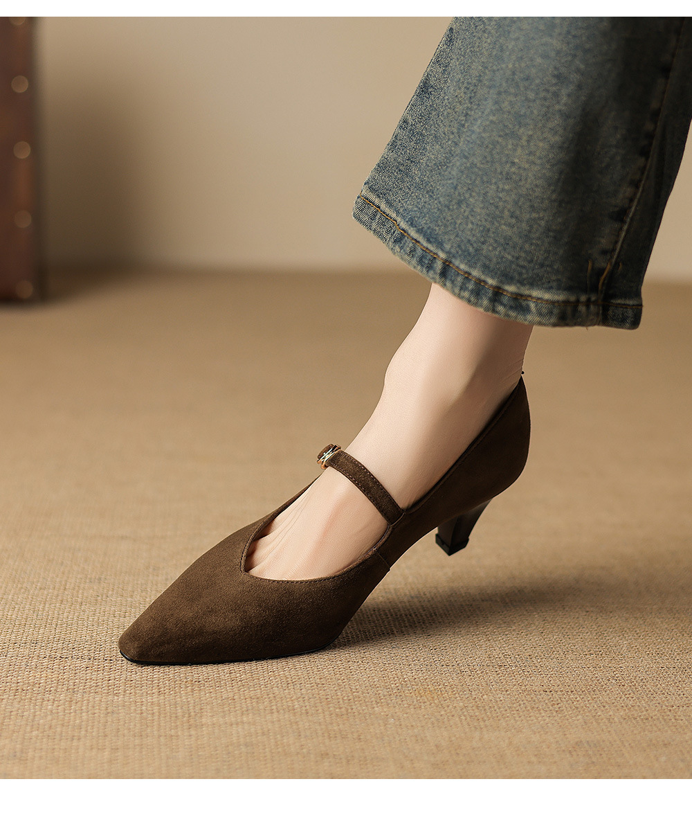 Giày Mary Jane nữ mũi nhọn gót vuông 5.5 cm quai khóa một chữ — Rượu vang đỏ chi tiết 10