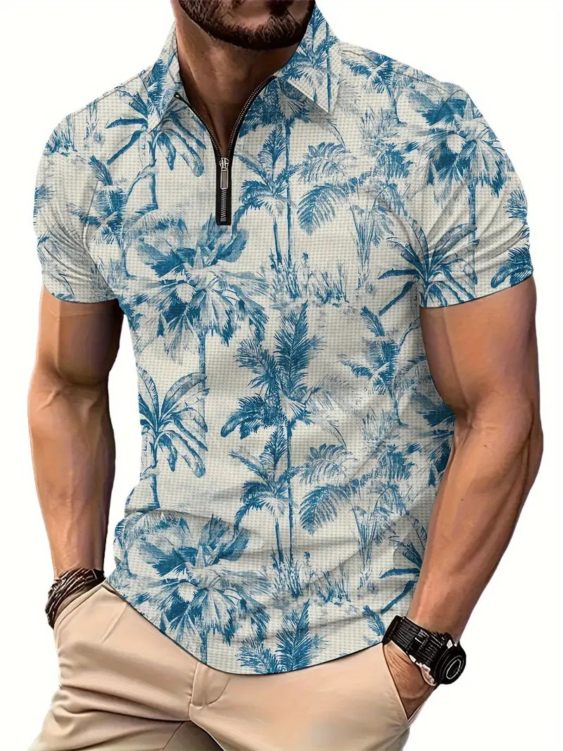 Venta caliente transfronteriza nueva impresión de degradado 3D de verano de gran tamaño casual para hombre suelto código europeo cremallera polo manga corta