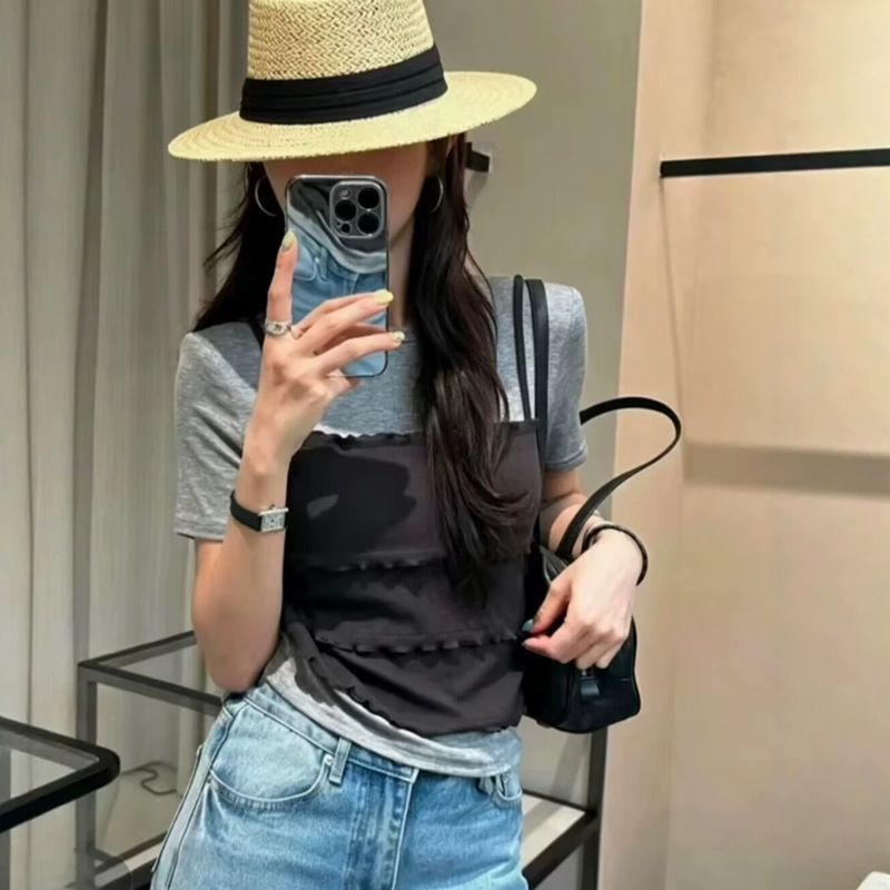 Korean Dongdaemun Summer New Regular Style Commuter Fashion Versatile Layered Fake Two-Piece T-Shirt Top Korean Dongdaemun Summer New Regular Style Commuter Fashion Versatile Layered Fake Two-Piece T-Shirt Top