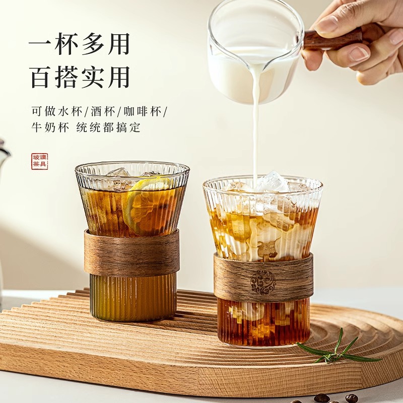 Japanese-style vertical grain glass cup high color value summer cup hanging ear coffee cup household heat insulation water cup gift summer cool cup