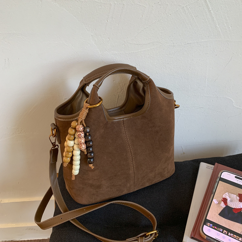2025 Autumn and Winter Korean Style Suede Bucket Bag Niche Retro Handbag Large Capacity Single Shoulder Crossbody Bag