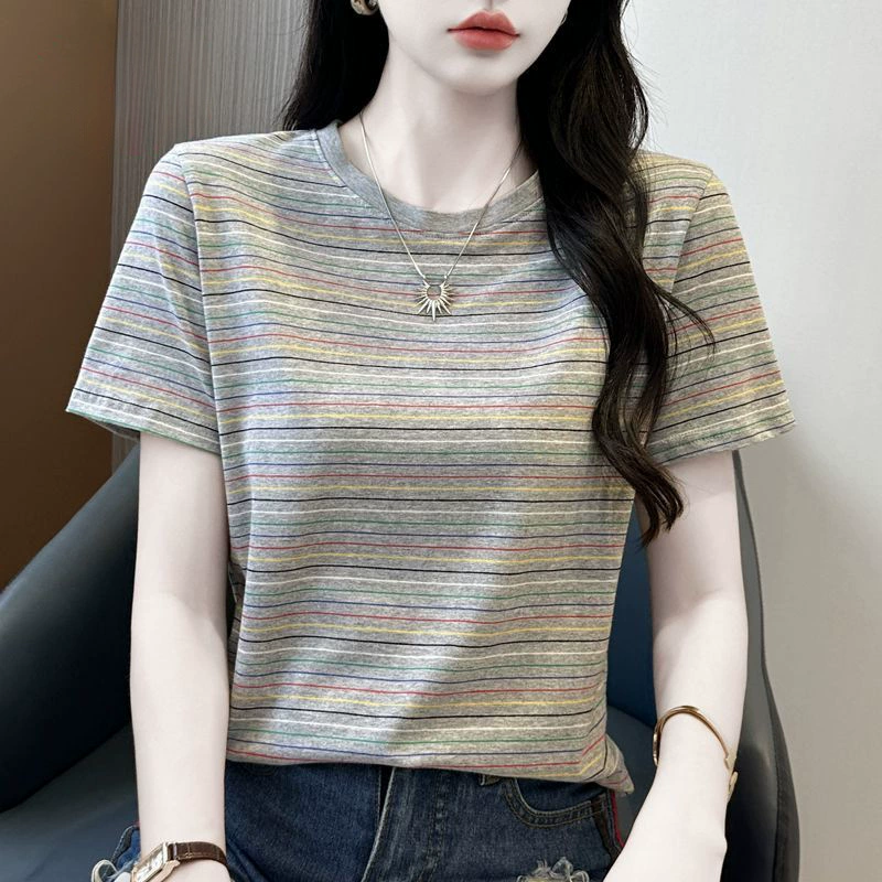 Полосатая футболка с короткими рукавами, женская летняя новая стильная полосатая футболка, закрывающая толстый живот, свободный топ большого размера, утягивающий вид, с половиной рукавов