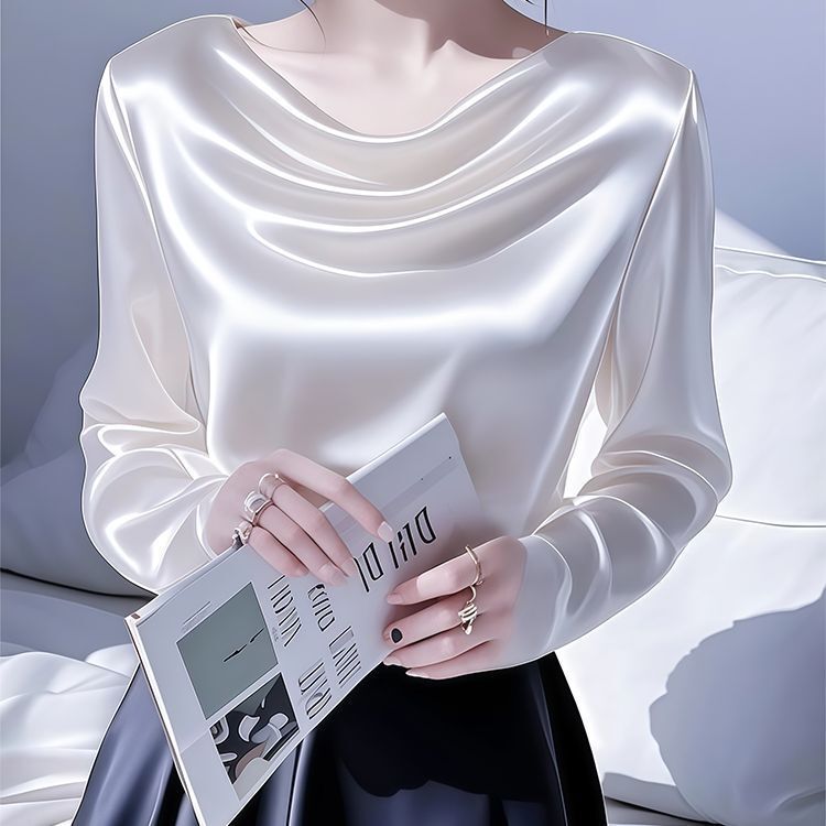 Long-Sleeve Satin Blouse with a Draped Collar for Women, 2025 Hot Style, Light Luxury, High-End Feel, Unique and Super Trendy Top Long-Sleeve Satin Blouse with a Draped Collar for Women, 2025 Hot Style, Light Luxury, High-End Feel, Unique and Super Trendy Top