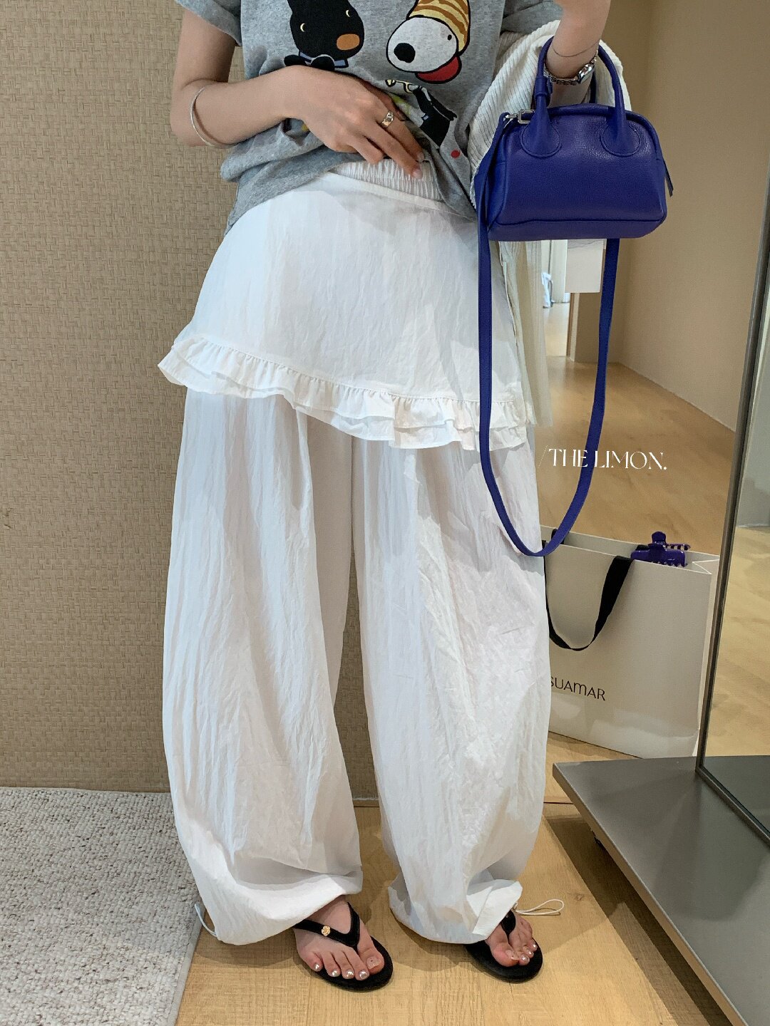 Quần culottes nữ ống rộng cạp cao, phối viền ren xếp tầng, dáng suông rộng, thanh lịch và thoải mái — màu đen, Xanh da trờicolor, màu trắng, Đá vôi chi tiết 26