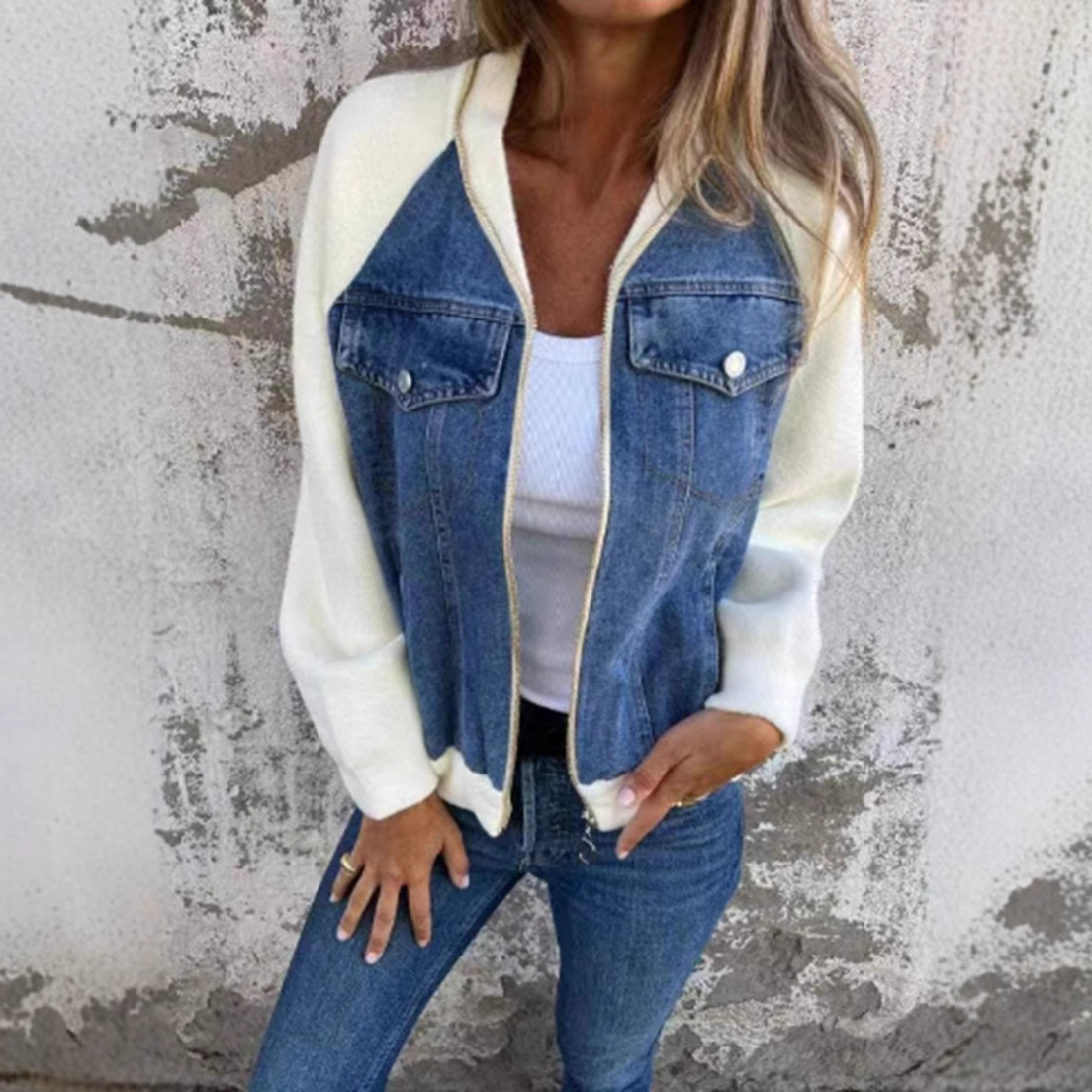 2024夏季新款亚马逊跨境欧美冬季牛仔拼接夹克时尚外套女装W347