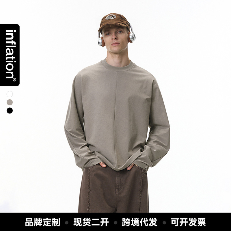 Jie Zhan Men's Clothing | Cut-Out Long-Sleeve T-Shirt 26 Autumn New American Street Style Curved Sleeve Casual Top Base Shirt for Men.