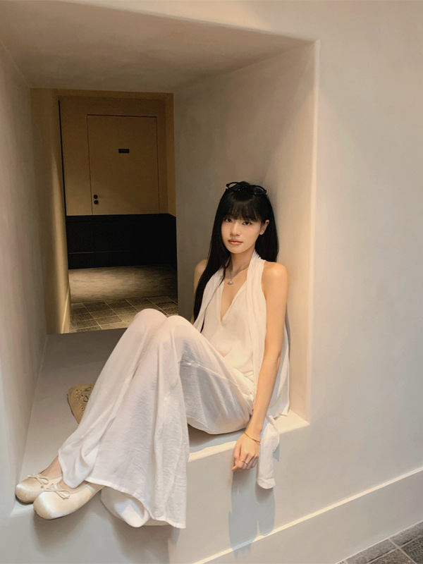 リボン V ネックルーズノースリーブシャツベスト女性の夏の禅スーツ薄いカジュアルワイドレッグパンツ 2 点セット|undefined
