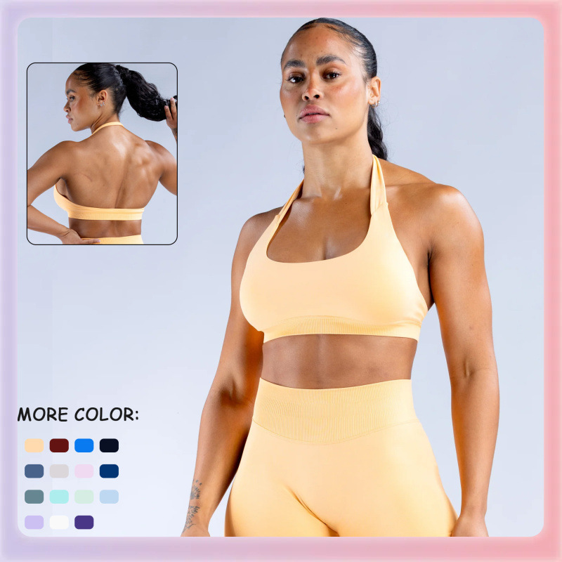 ✅ Dfyne European and American Seamless Backless Halterneck Sports Vest Women's High Elastic Matte Nylon Yoga Bra Tight Intimates