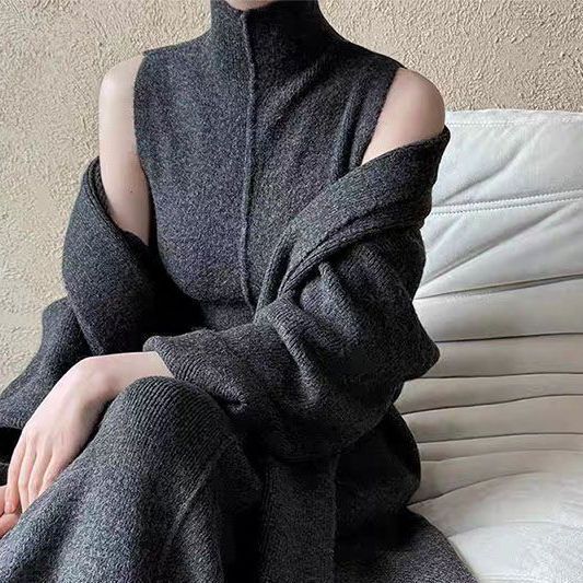 慵懒风感秋冬整套气质时尚穿搭无袖针织连衣裙长款针织开衫两件套|undefined