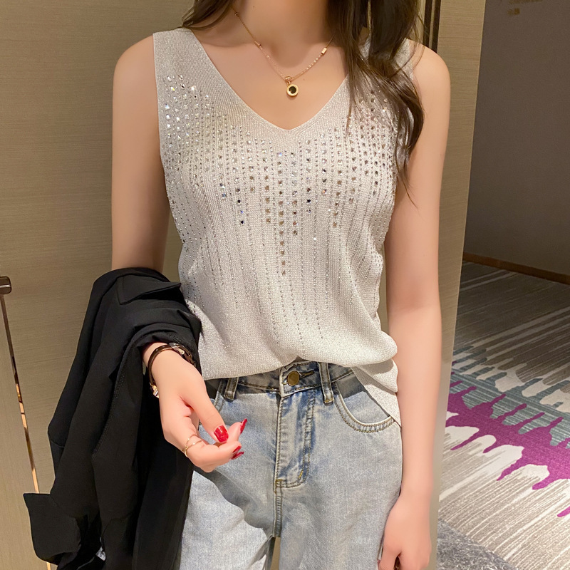 Spring and Summer New Rhinestone Loose Mid-length Ice Silk Knitted Camisole Vest Women's V-neck Outer Wear Inner Base Top