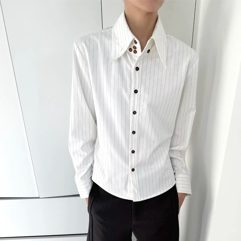 Cross-Border 2026 High-Neck Pointed Collar Striped Right-Shoulder Shirt Fitted Long-Sleeve Shirt Men's Casual Shirt Cross-Border 2026 High-Neck Pointed Collar Striped Right-Shoulder Shirt Fitted Long-Sleeve Shirt Men's Casual Shirt
