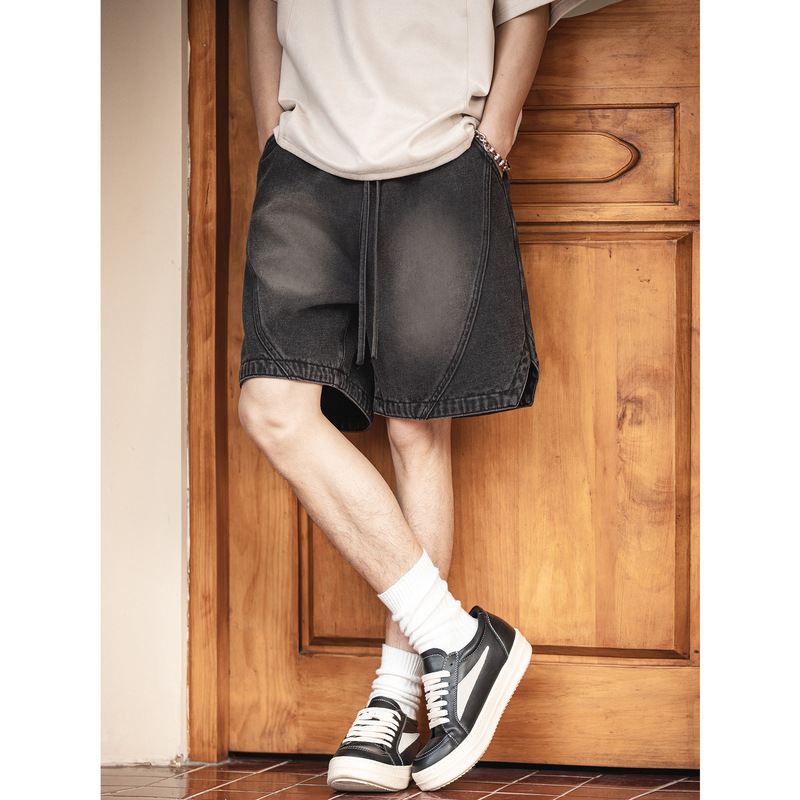 Structural Split Design Distressed Washed Denim Shorts Summer New American Retro Trendy Brand Loose Five-Quarter Pants Q
