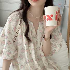 纯棉Korea夏季新款睡衣女连衣裙泡泡袖镂空印花可外穿家居服睡裙