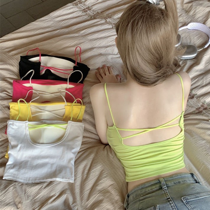 1076 Hot Girl Cross Hollow Backless Sexy Sling Sling Vest with Chest Pad Cushion Beautiful Back Wrap Short Top