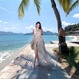 2026跨境新品挂脖连衣裙女新款碎花雪纺长裙荷叶边露背裙子