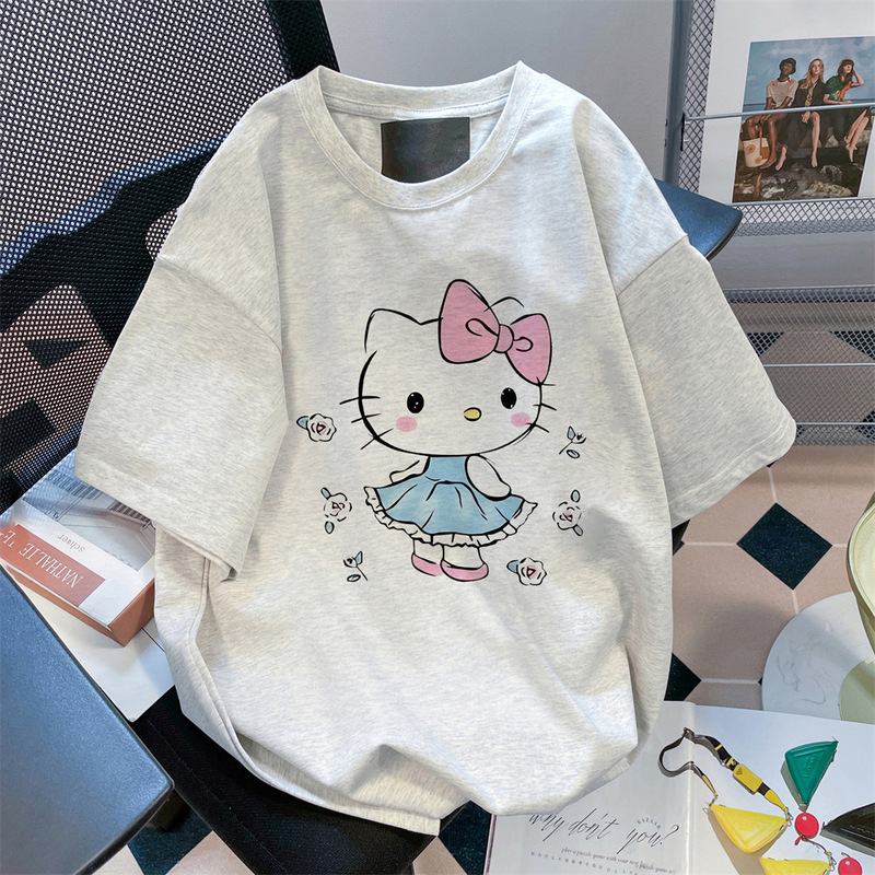 200g Japanese Style Lazy Style HelloKitty Cat Crewneck Short Sleeve Summer New Casual All-match Pure Cotton T-shirt for Women