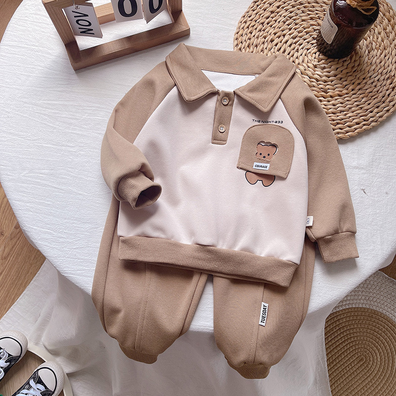 Children's Set 2023 New Polo Collar Sweater for Boys and Girls Cartoon Little Bear Contrast Color Long Sleeve Casual_voghion.com
