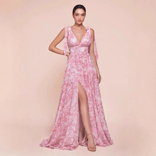 2025跨境货源新款欧美女装雪纺印花大摆长裙挂脖开叉度假风连衣裙