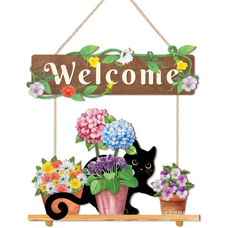Hpniub Bright Spring Welcome Wooden Sign, Rustic Black Cat Front Door Hanging Wooden Sign, Colorful Hpniub Bright Spring Welcome Wooden Sign, Rustic Black Cat Front Door Hanging Wooden Sign, Colorful