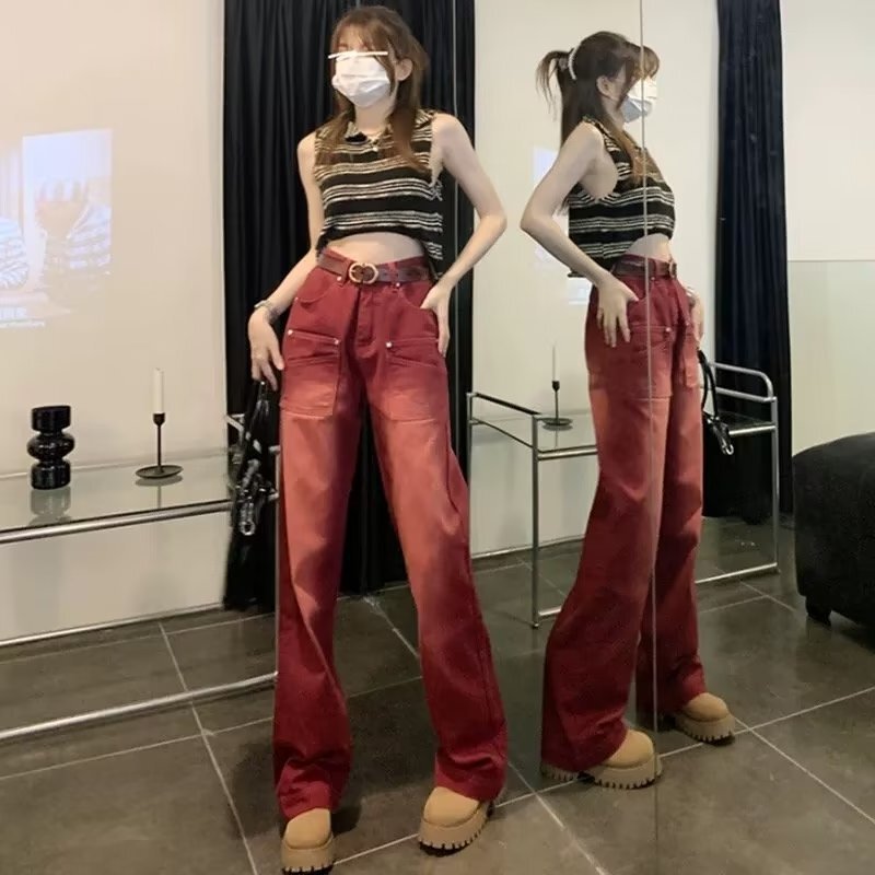 High street style retro red loose jeans women's spring new high waist slimming straight wide leg mop long pants