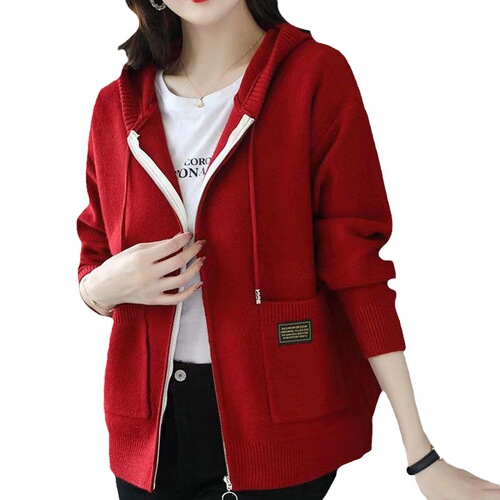 Pure Color Cashmere Cardigan for Women, Loose Hooded Zipper Sweater, Wool Knit Short Coat with Thicken