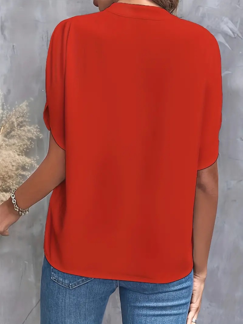 2024 Cross-Border European And American Foreign Trade Women's Summer Casual Short-Sleeve Solid Color V-Neck Loose_ecoleips.com
