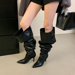 长靴女大筒围黑色高跟欧美风高筒靴子2025年冬尖头细跟骑士堆堆靴