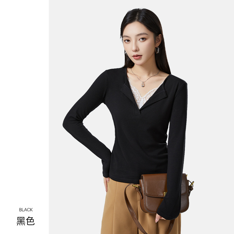 V领假两件蕾丝拼接打底衫女10A抗菌亲肤羊毛加热德绒保暖长袖T恤|undefined