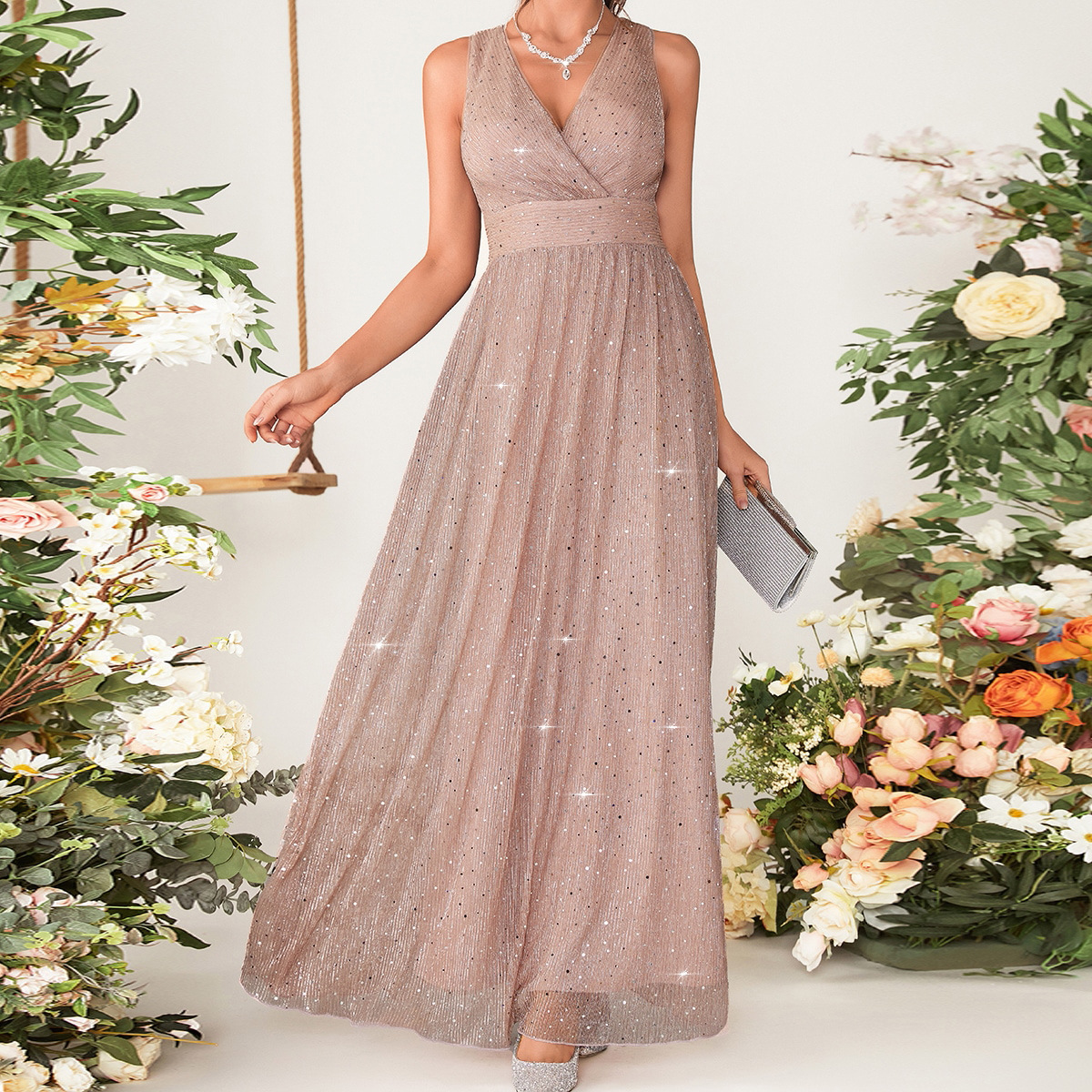 Cross-border Evening Dress New Sequin Sling Slim-fit Sexy Elegant Mesh Christmas Party Dress Spring