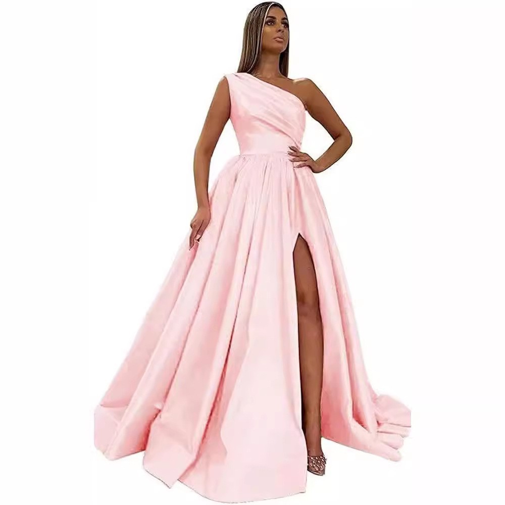 Comercio exterior europeo y americano Amazon AliExpress wish señoras nuevo vestido de noche de un solo hombro vestido de noche de satén dividido sexy