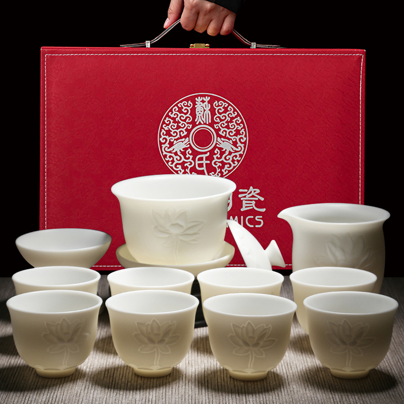 Juego de té de jade gordo de oveja de cerámica de su juego de té Lotus Kung Fu juego de té taza mate blanco tres Cai cubierta tazón juego de té traje de regalo