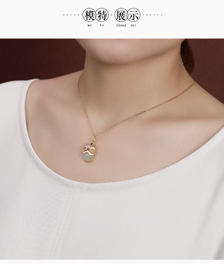 Mặt dây chuyền bạc S925 mạ vàng hình con nai, ngọc bích trắng Hetian thiết kế cá tính — Mặt dây chuyền (không có dây chuyền) chi tiết 7